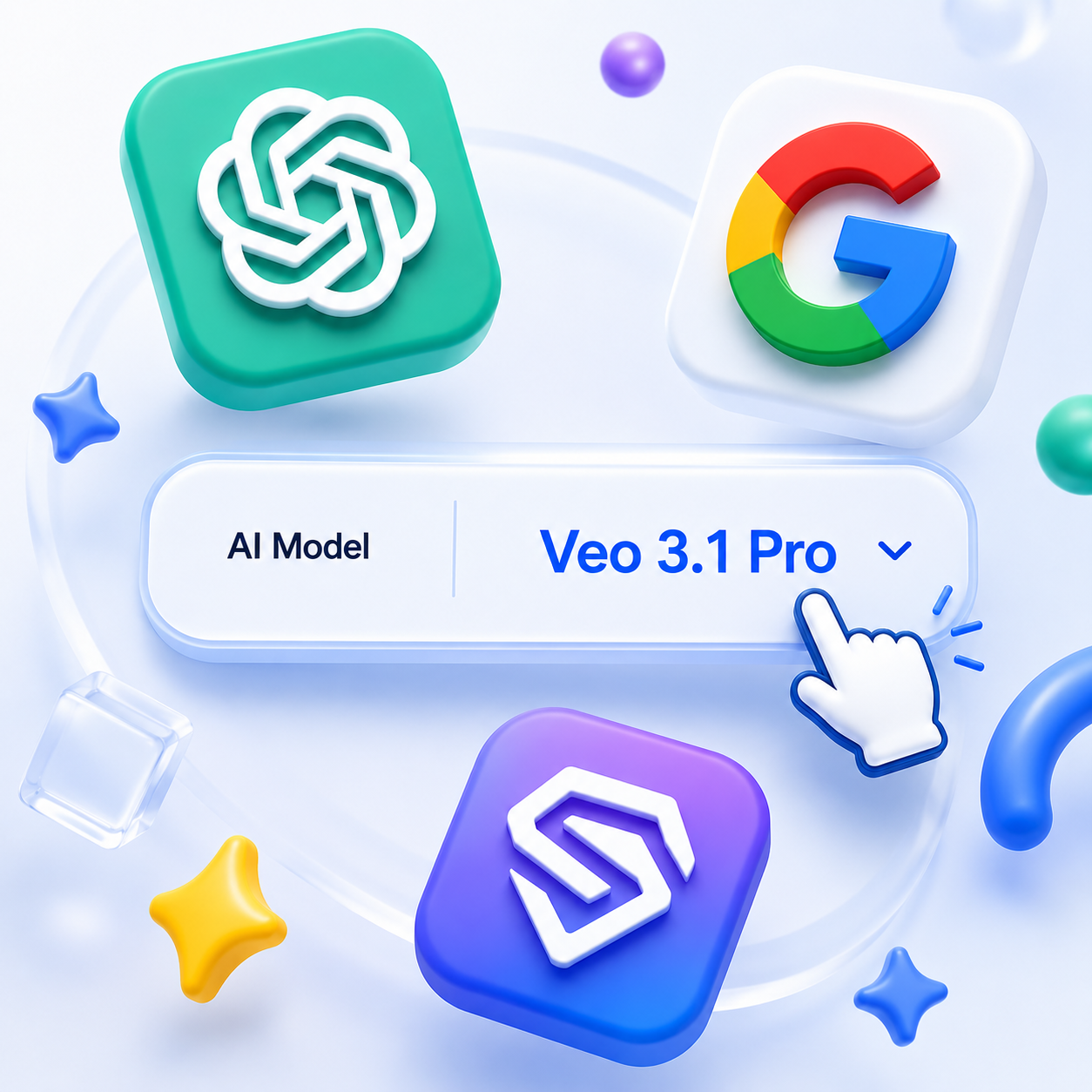 AI model picker showing OpenAI, Google Veo, and other providers