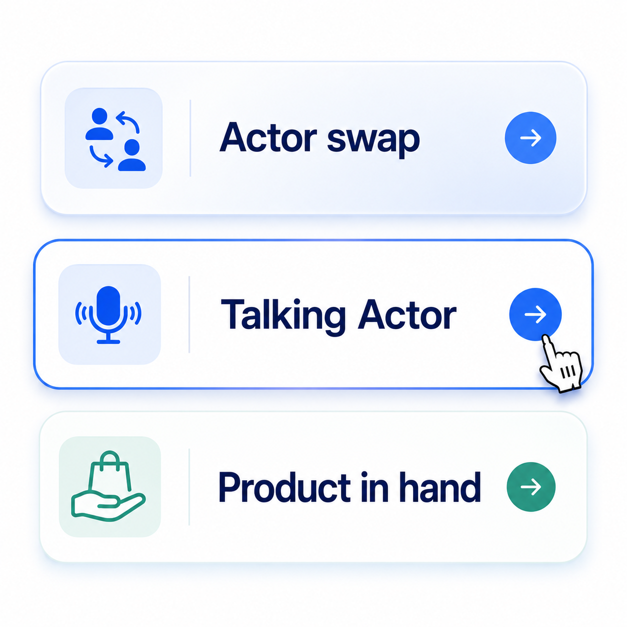 Tool list with Actor Swap, Talking Actor, and Product in Hand