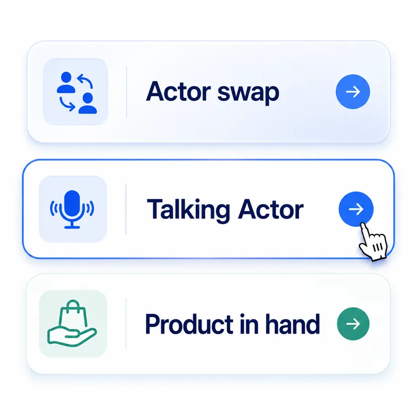Tool list with Actor Swap, Talking Actor, and Product in Hand