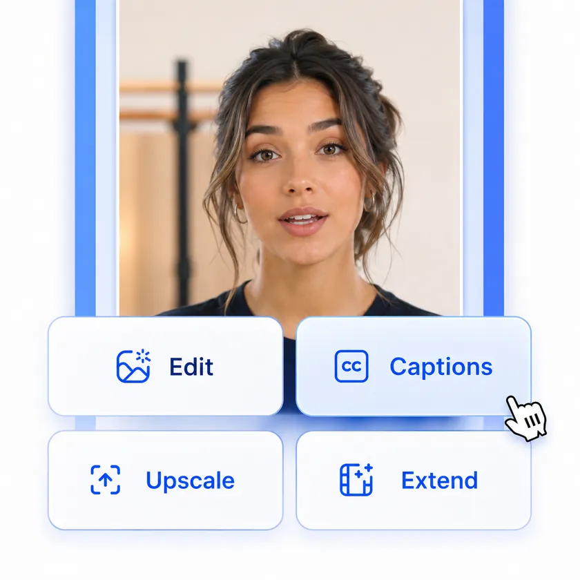 Edit, Captions, Upscale, and Extend controls over a creator video